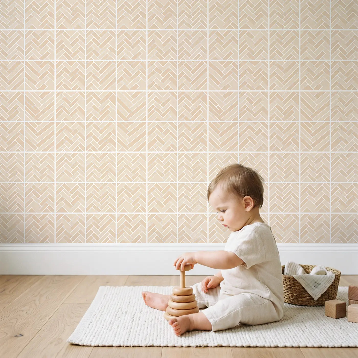Herringbone Weave Geometric wallpaper in styled kids room - Whimsy Tots
