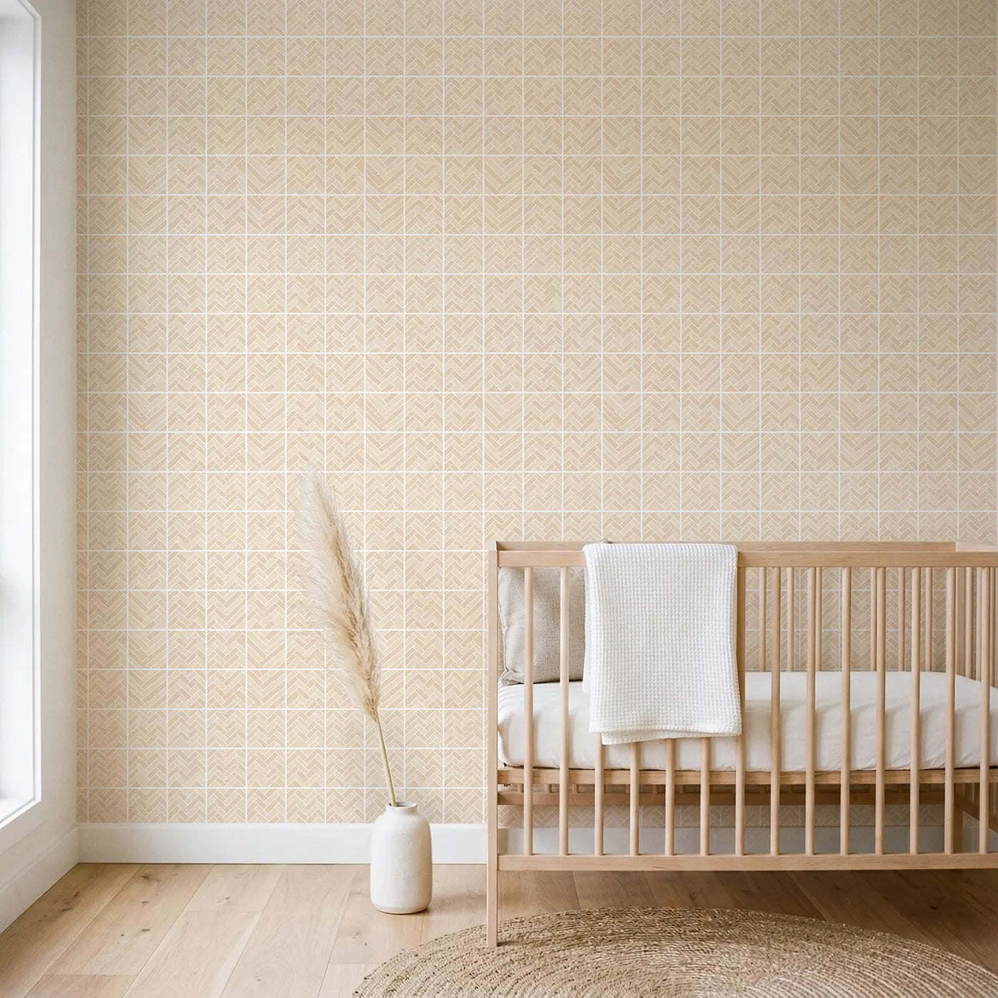 Herringbone Weave Geometric wallpaper in Scandinavian nursery - Whimsy Tots