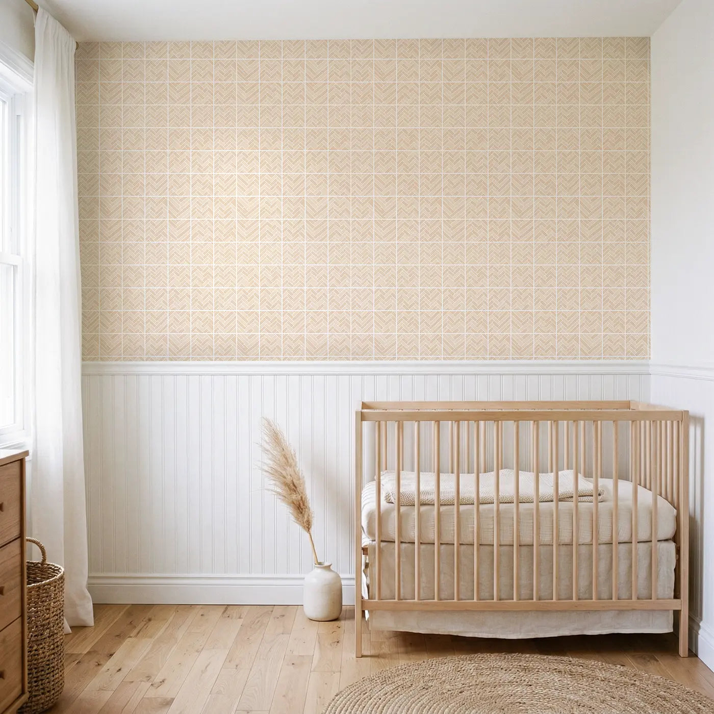 Herringbone Weave Geometric wallpaper above wainscoting - Whimsy Tots