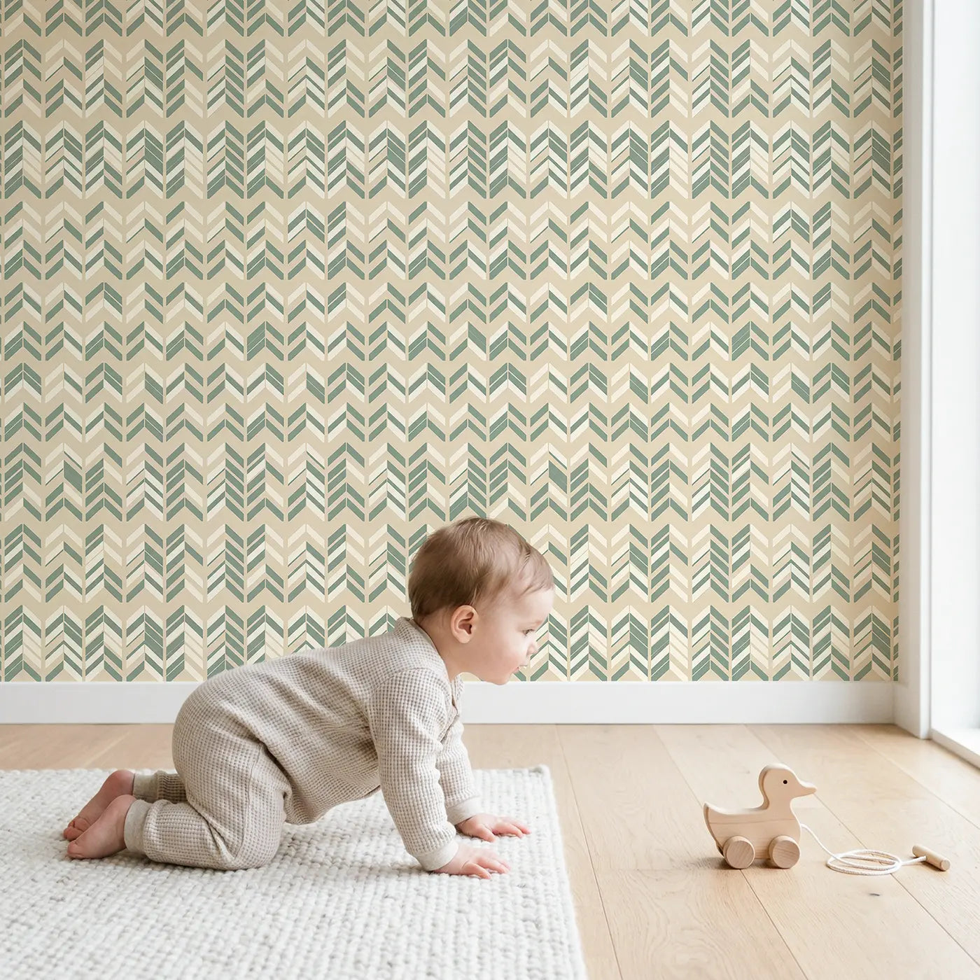 Herringbone Dusty Geometric wallpaper in styled kids room - Whimsy Tots