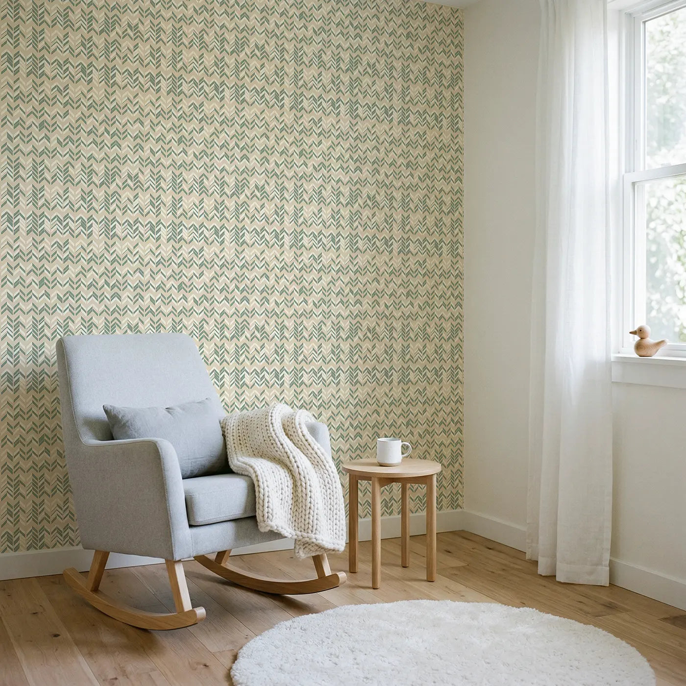Herringbone Dusty Geometric wallpaper in Scandinavian nursery - Whimsy Tots