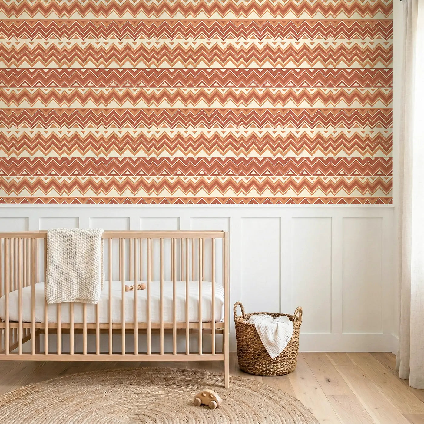 Bold Chevron Geometric wallpaper above wainscoting - Whimsy Tots