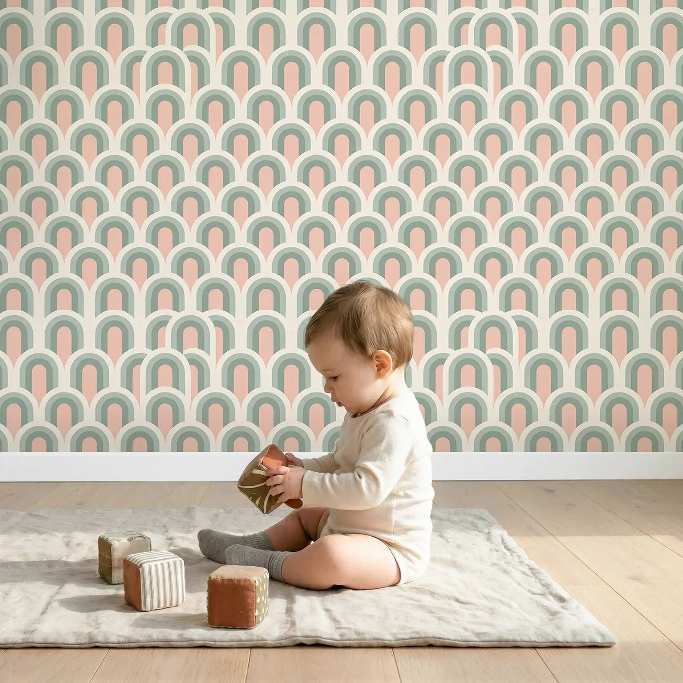 Repeating Arch Geometric wallpaper in styled kids room - Whimsy Tots