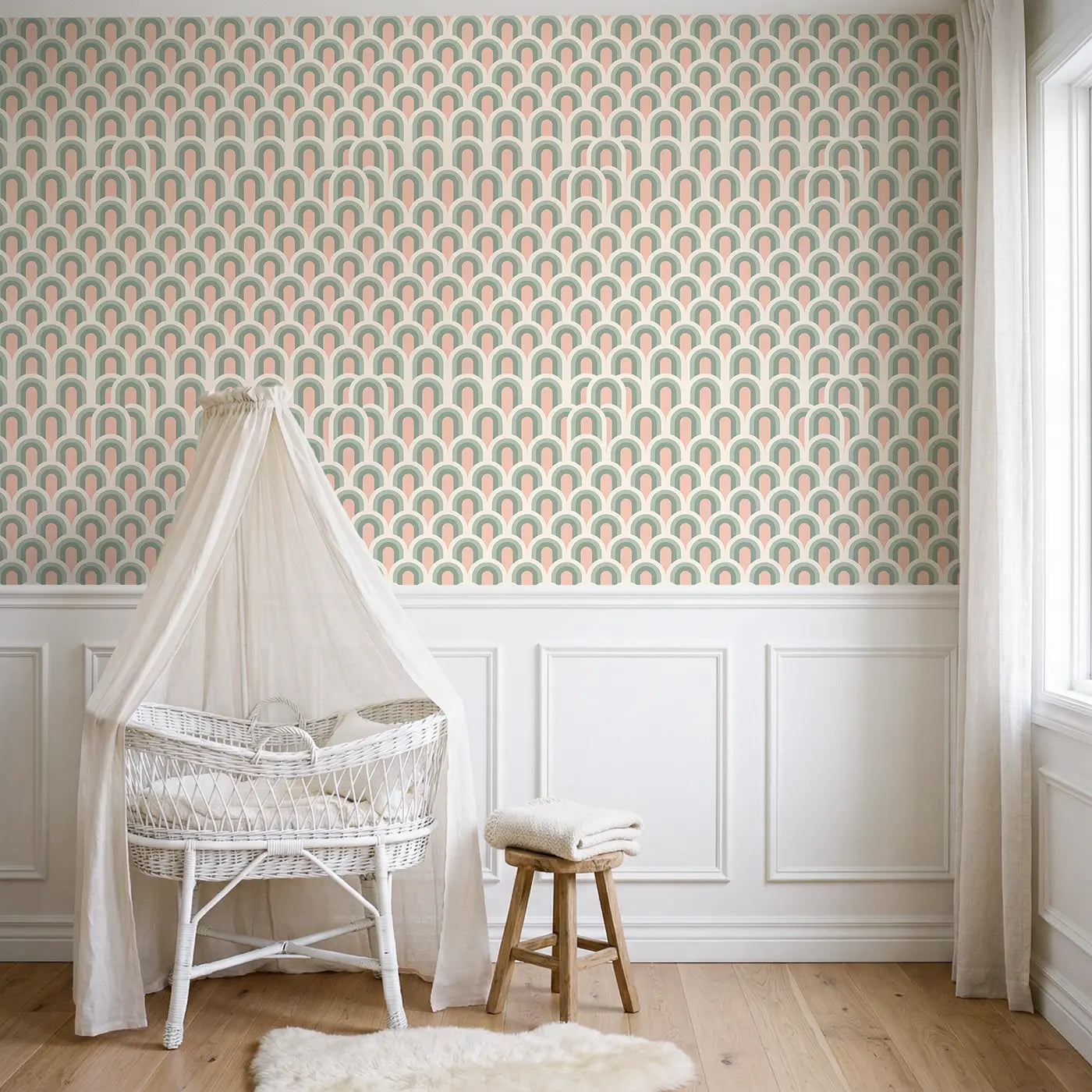 Repeating Arch Geometric wallpaper above wainscoting - Whimsy Tots