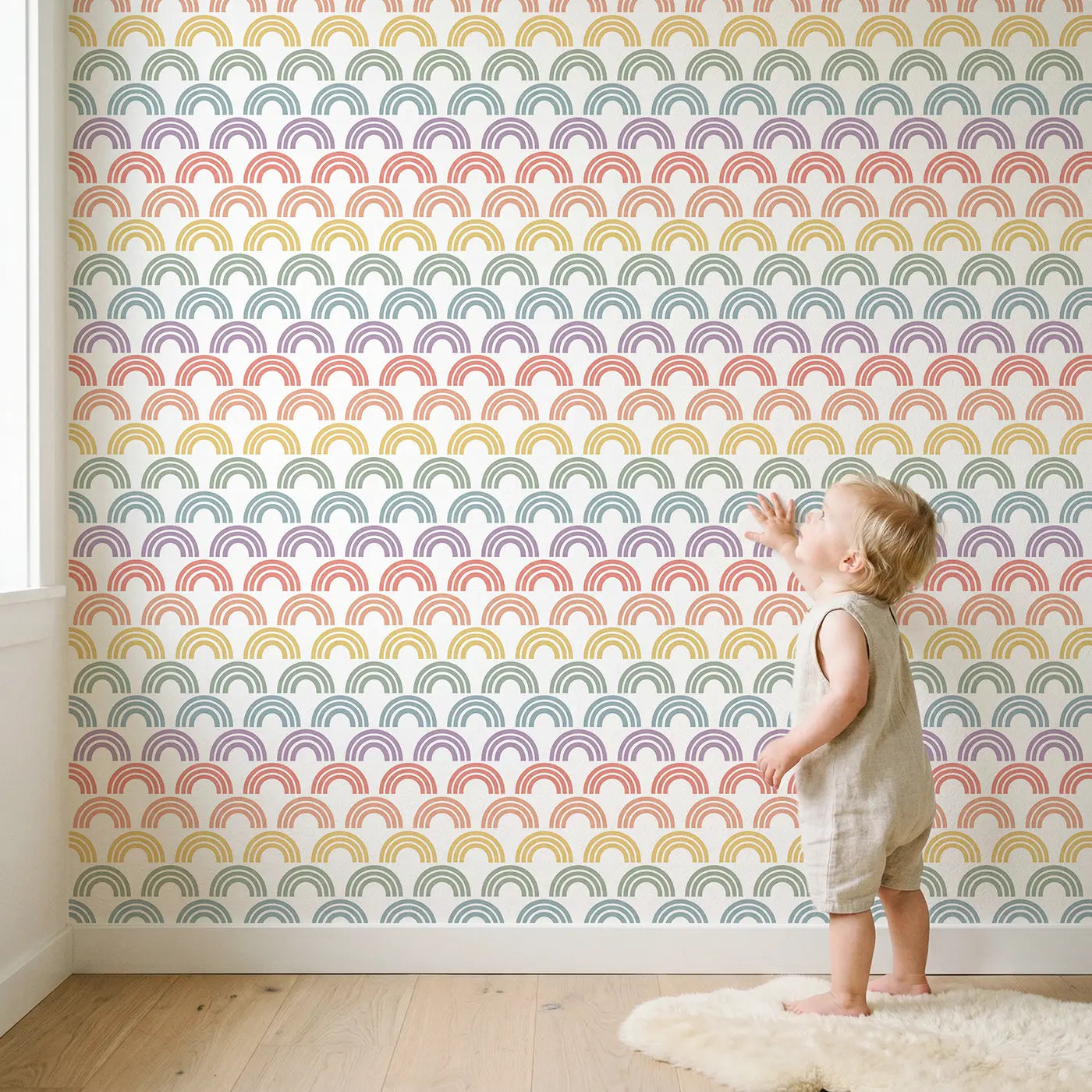 Rainbow Arches Geometric wallpaper in styled kids room - Whimsy Tots
