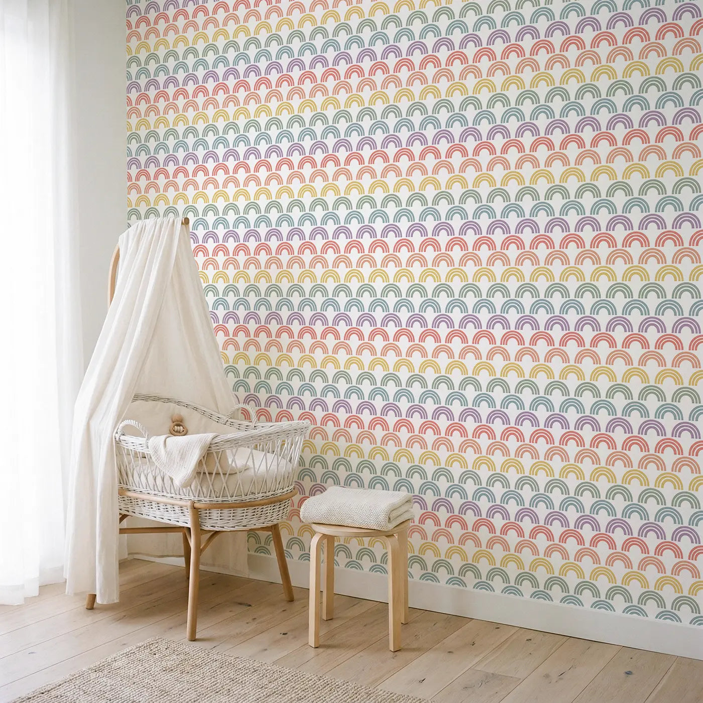 Rainbow Arches Geometric wallpaper in Scandinavian nursery - Whimsy Tots