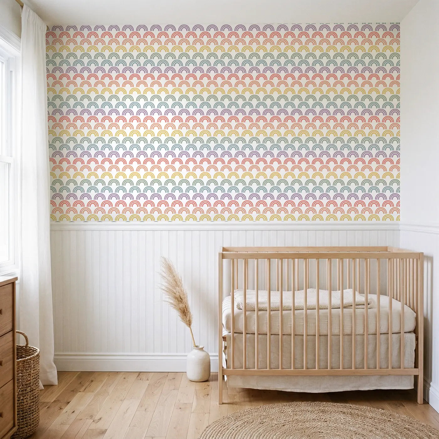 Rainbow Arches Geometric wallpaper above wainscoting - Whimsy Tots