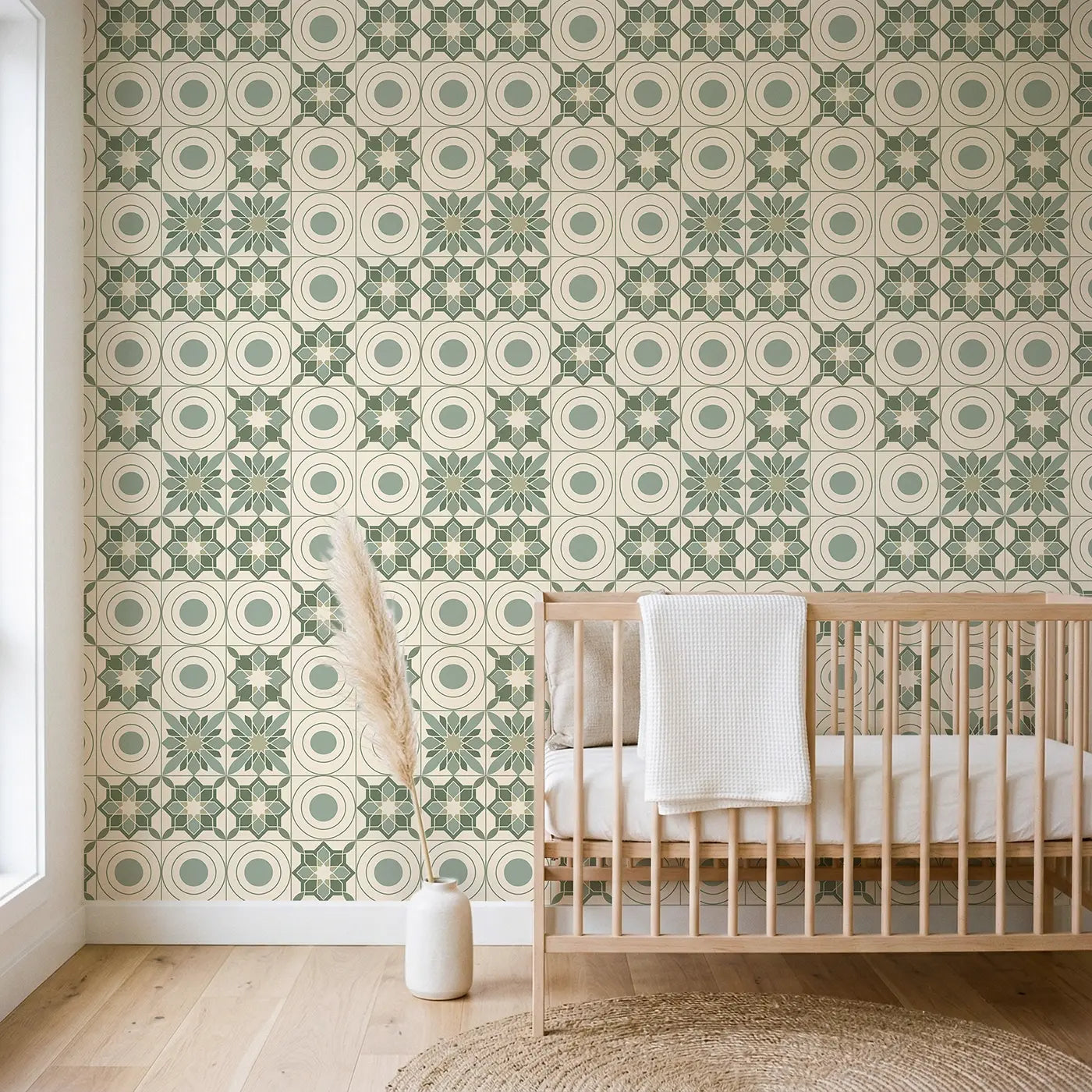 Moroccan Star Tile Geometric wallpaper in Scandinavian nursery - Whimsy Tots