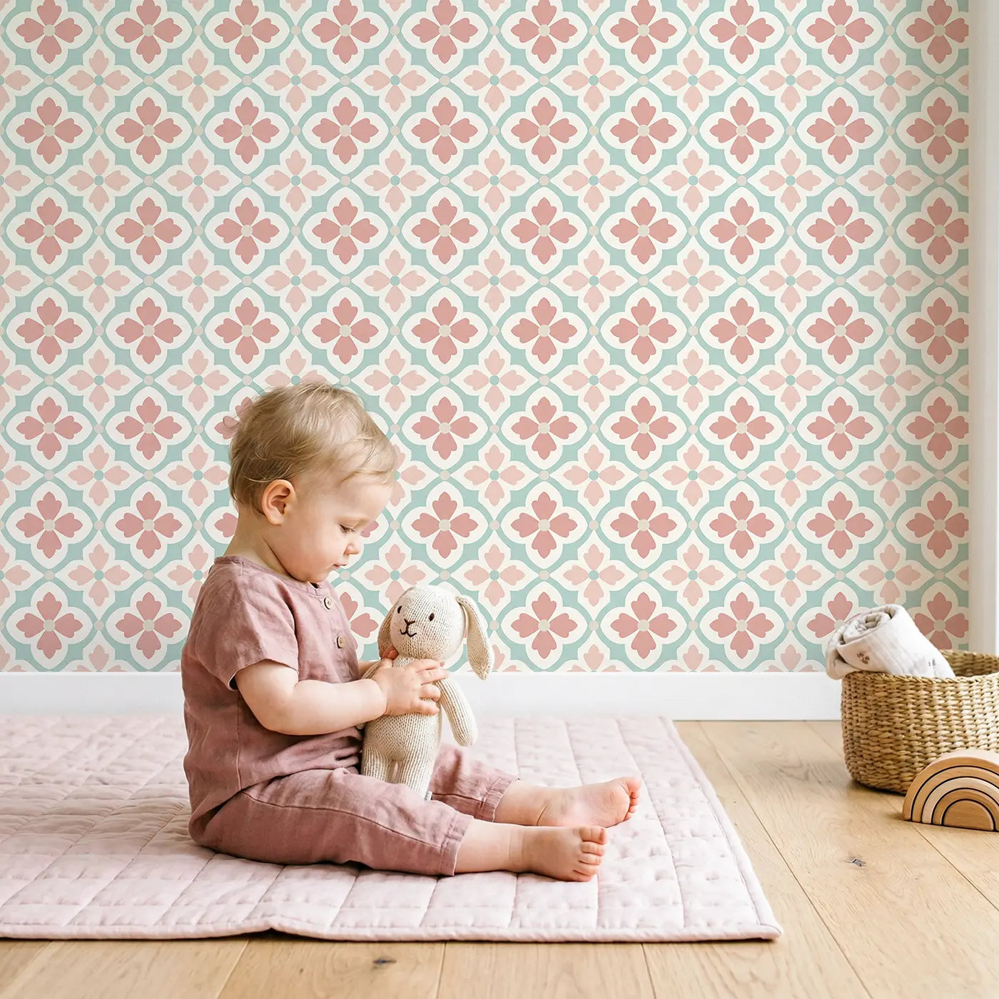 Moroccan Quatrefoil Geometric wallpaper in styled kids room - Whimsy Tots