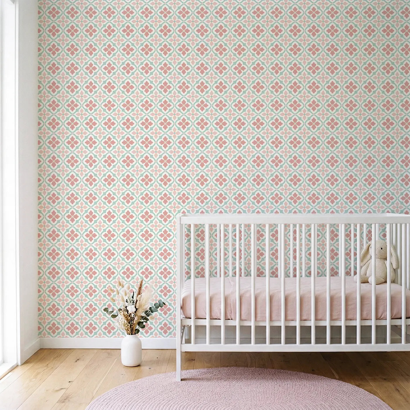 Moroccan Quatrefoil Geometric wallpaper in Scandinavian nursery - Whimsy Tots