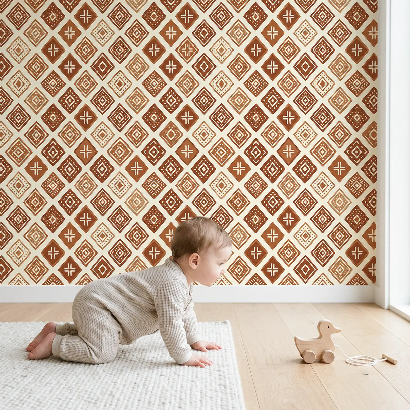 Mudcloth Diamond Geometric wallpaper in styled kids room - Whimsy Tots
