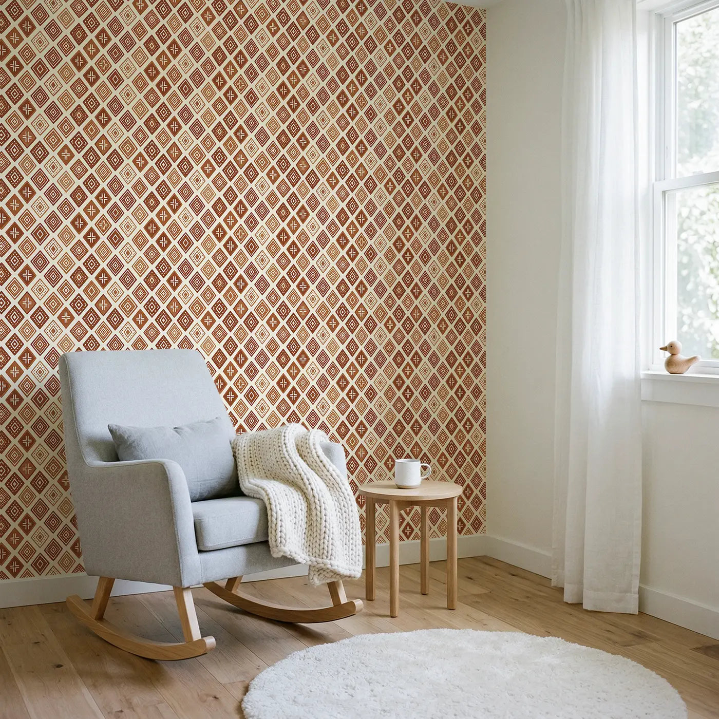 Mudcloth Diamond Geometric wallpaper in Scandinavian nursery - Whimsy Tots