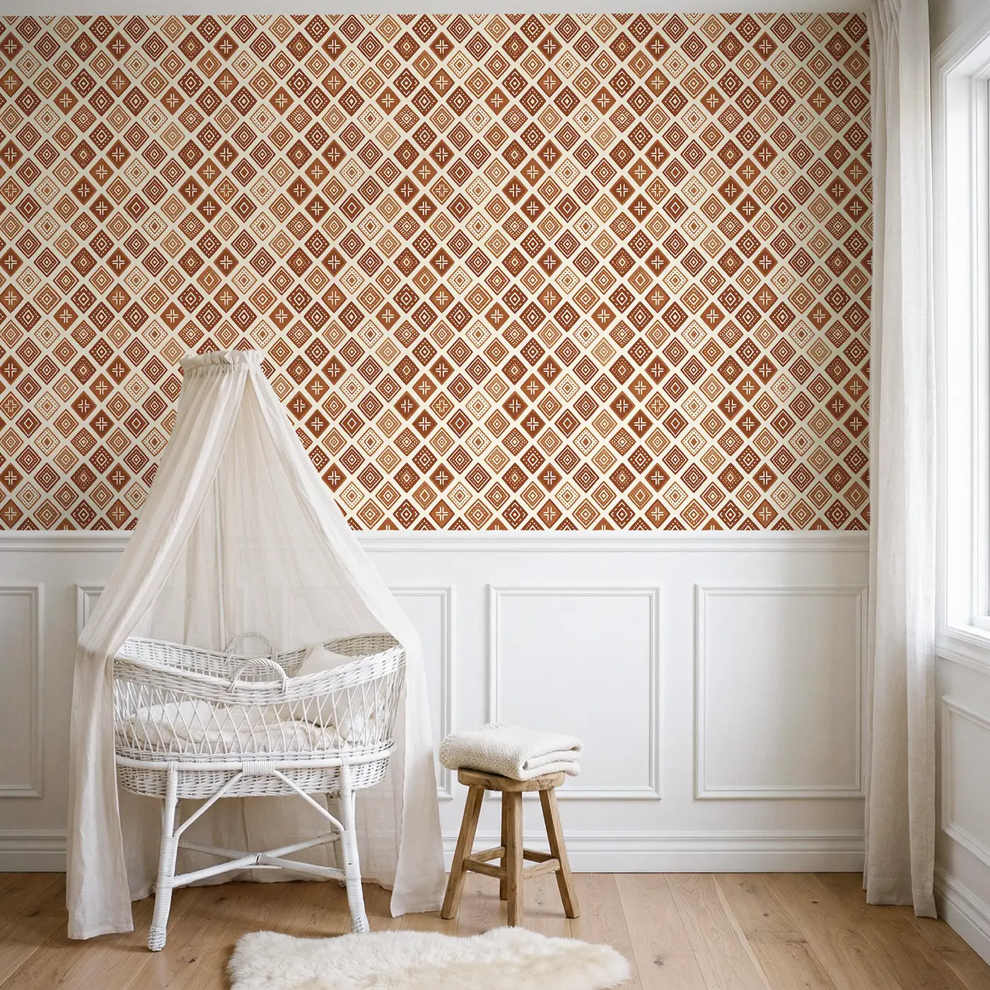 Mudcloth Diamond Geometric wallpaper above wainscoting - Whimsy Tots