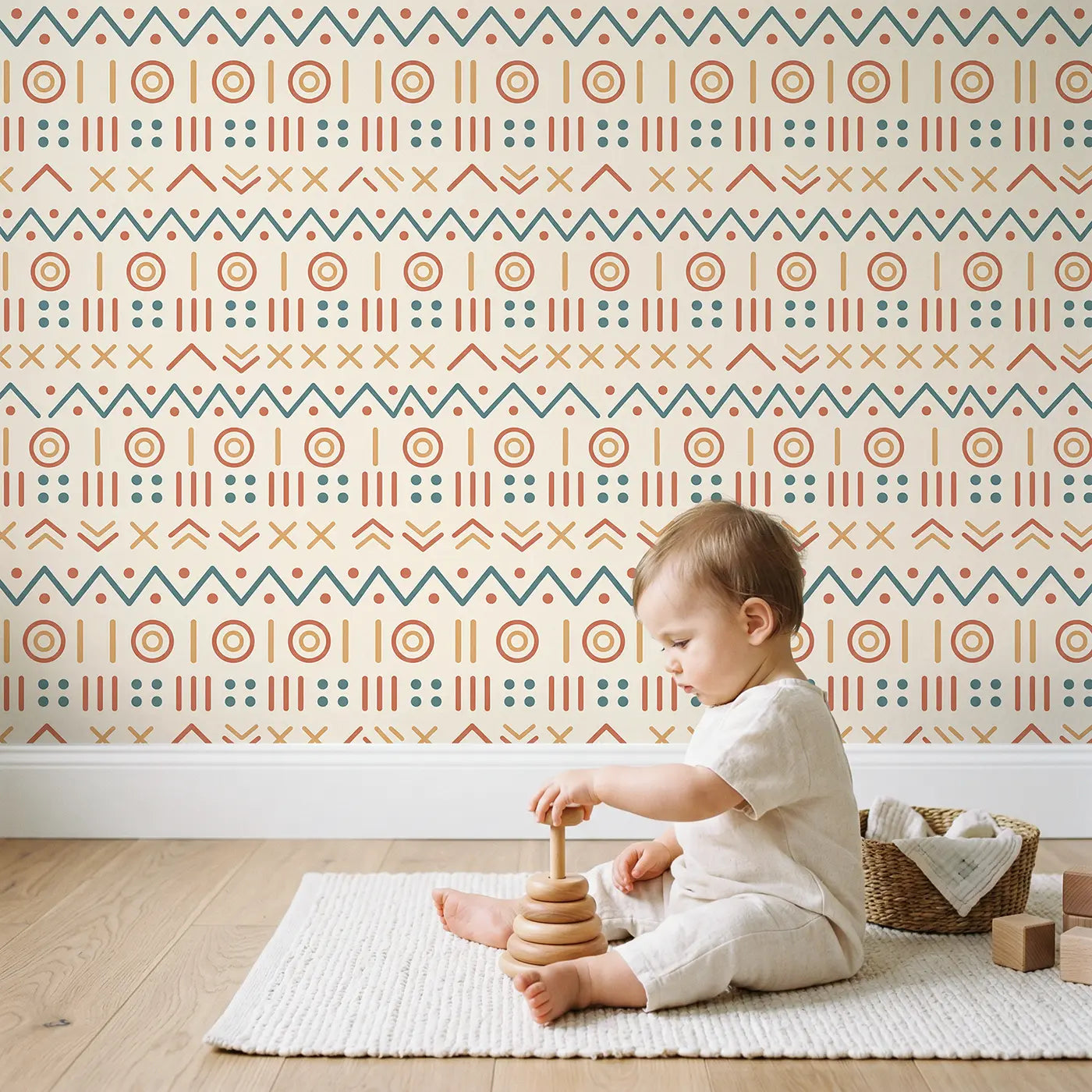 Mudcloth Dot Geometric wallpaper in styled kids room - Whimsy Tots