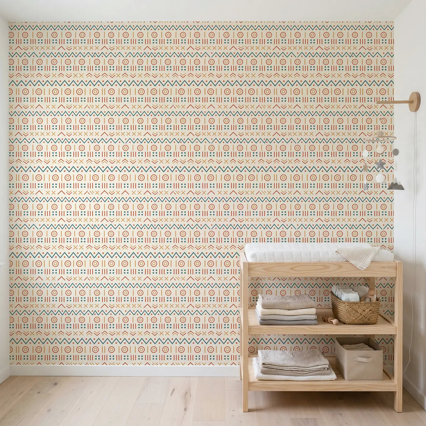 Mudcloth Dot Geometric wallpaper in Scandinavian nursery - Whimsy Tots