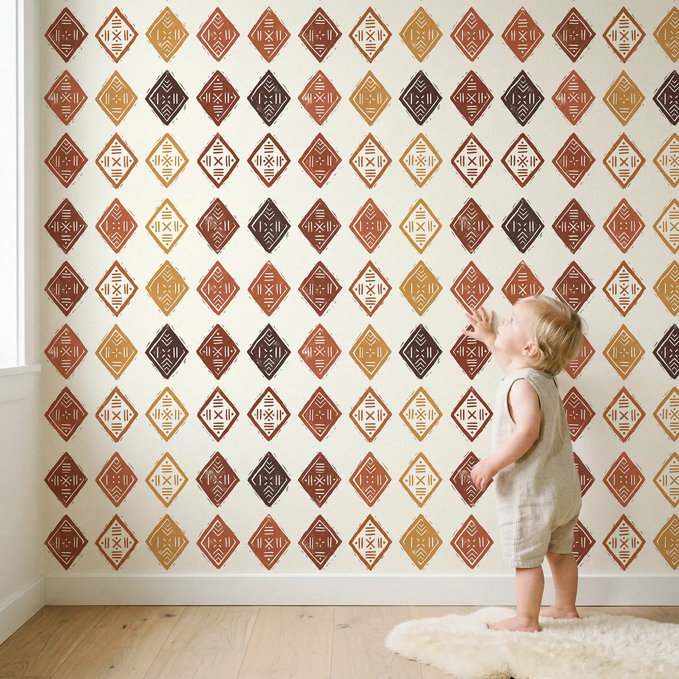 Hand-Stamped Mudcloth Block Print wallpaper in styled kids room - Whimsy Tots