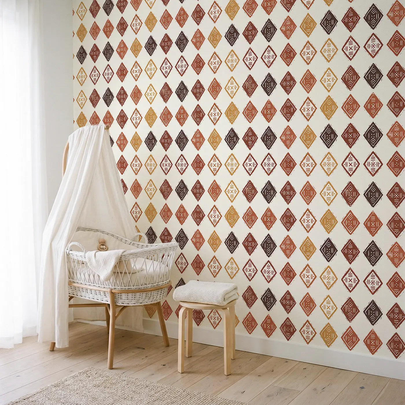 Hand-Stamped Mudcloth Block Print wallpaper in Scandinavian nursery - Whimsy Tots