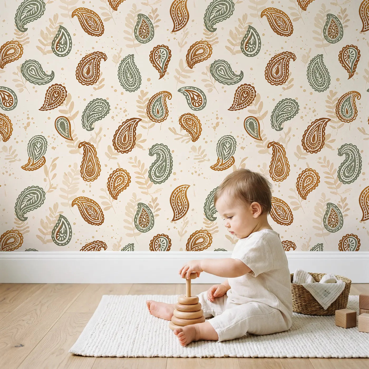 Paisley Warm Block Print wallpaper in styled kids room - Whimsy Tots