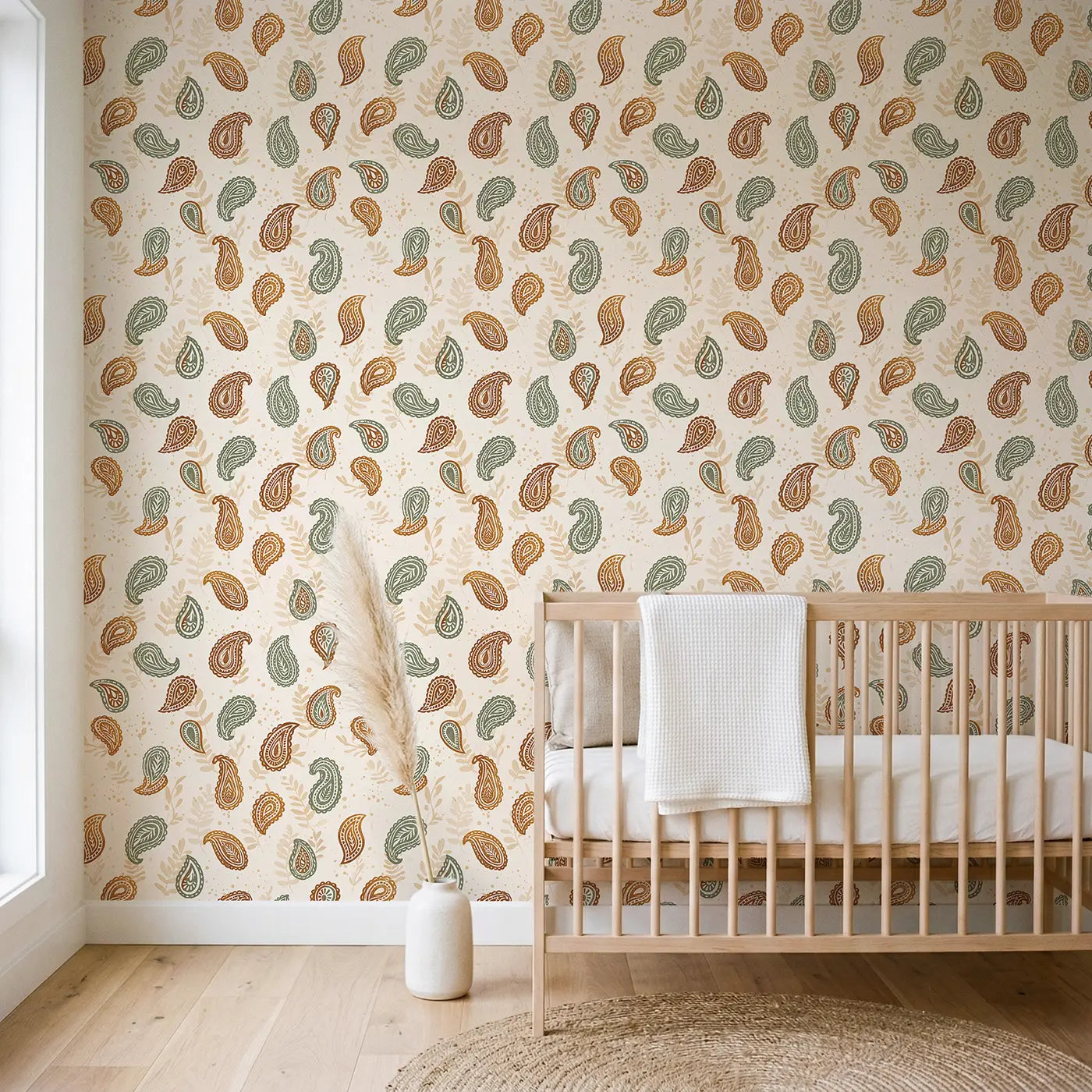 Paisley Warm Block Print wallpaper in Scandinavian nursery - Whimsy Tots