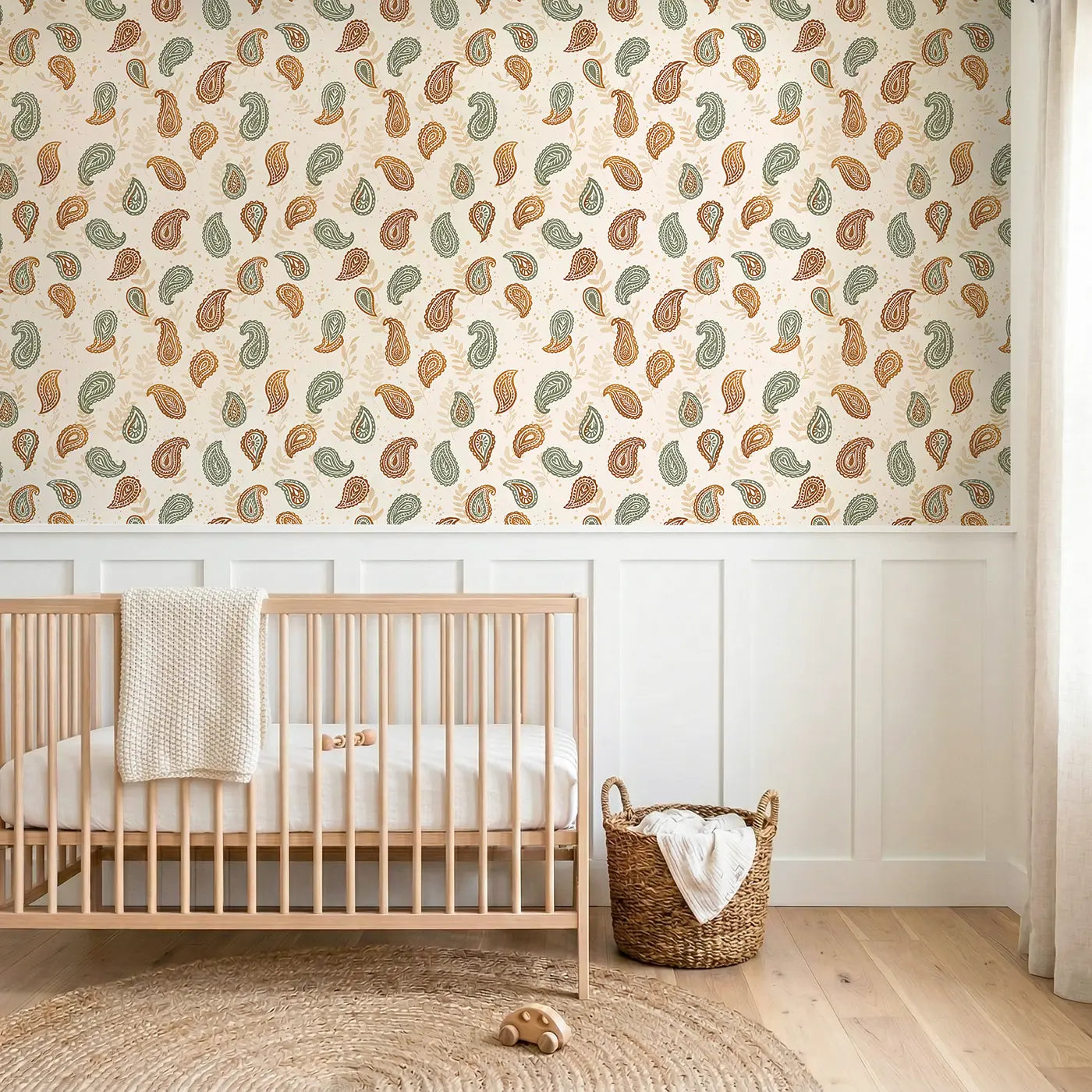 Paisley Warm Block Print wallpaper above wainscoting - Whimsy Tots