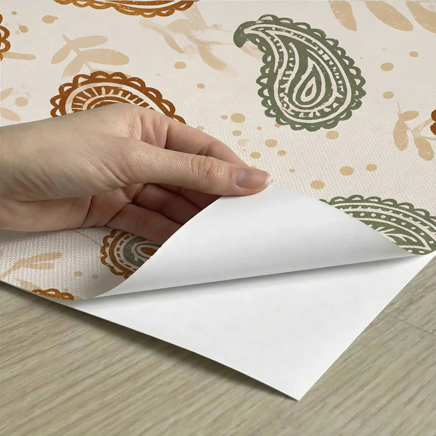 Paisley Warm Block Print peel and stick material close-up - Whimsy Tots