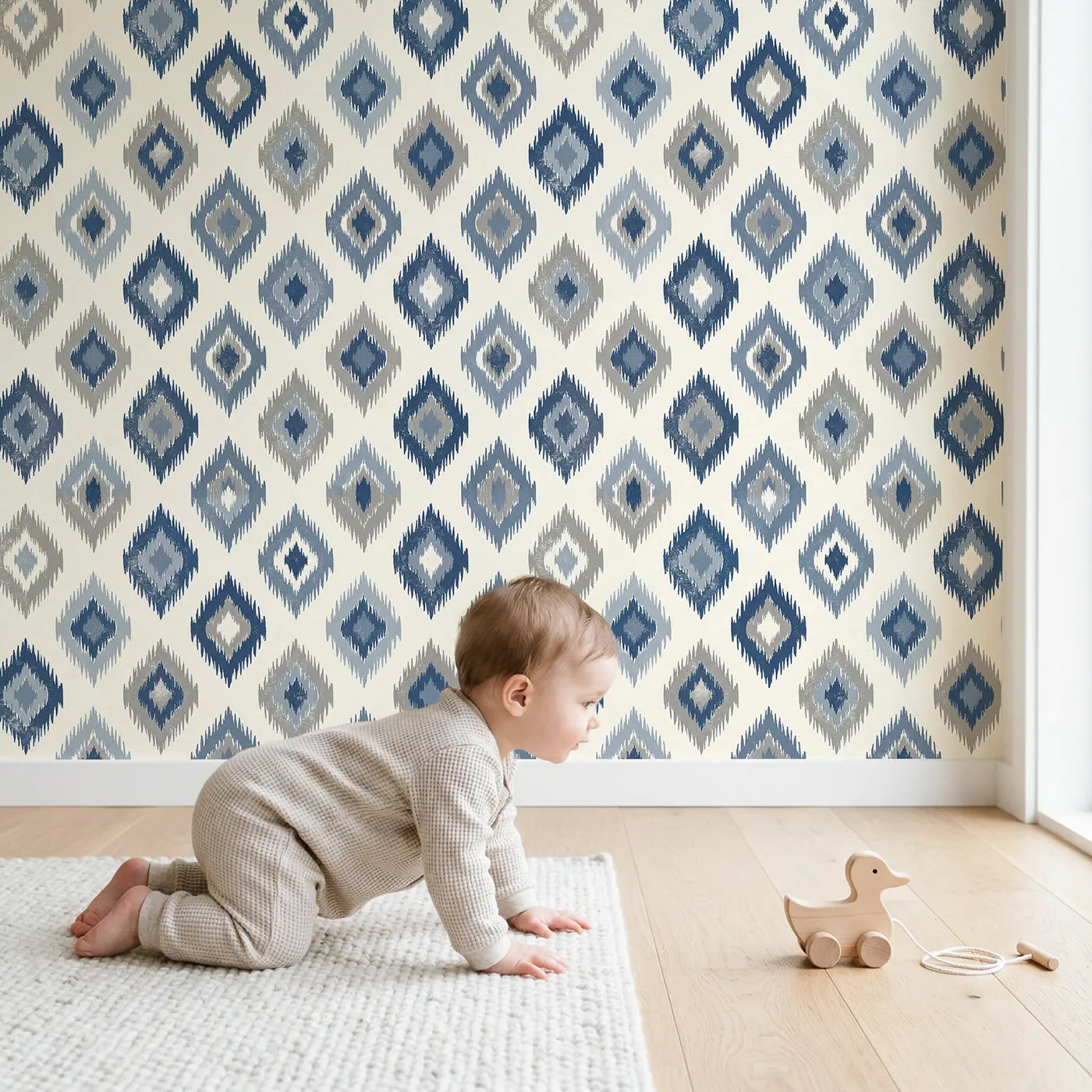 Ikat Diamond Block Print wallpaper in styled kids room - Whimsy Tots
