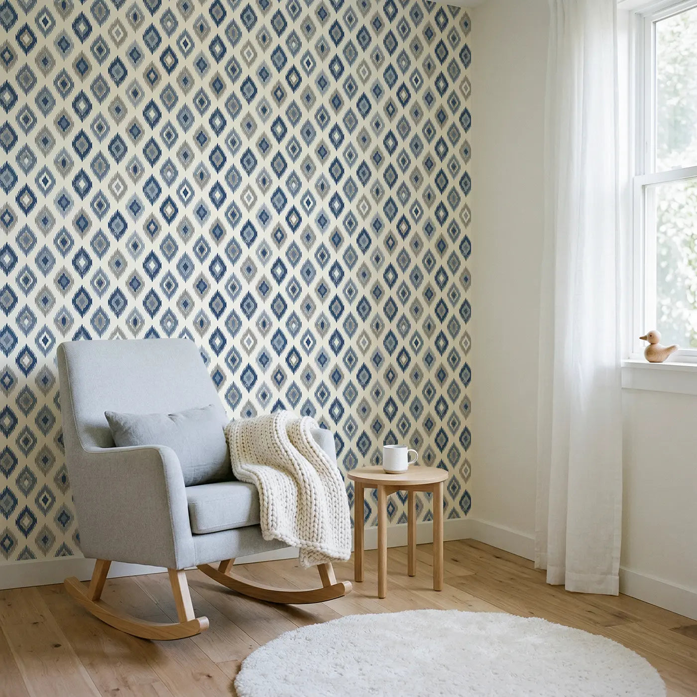 Ikat Diamond Block Print wallpaper in Scandinavian nursery - Whimsy Tots