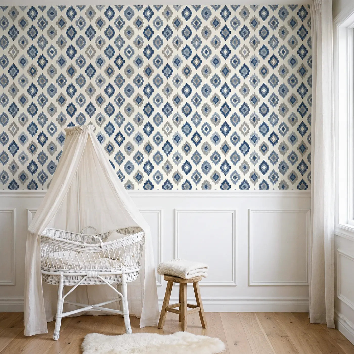 Ikat Diamond Block Print wallpaper above wainscoting - Whimsy Tots