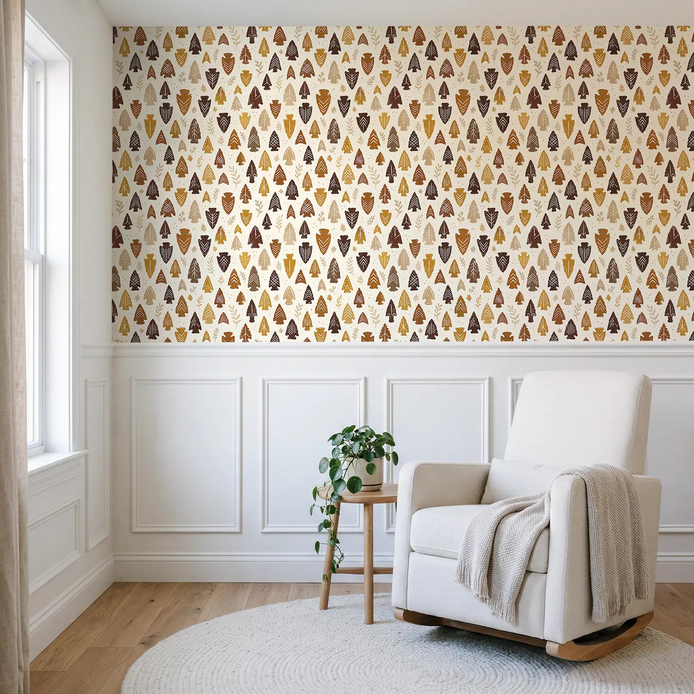 Arrowhead Shapes Block Print wallpaper above wainscoting - Whimsy Tots