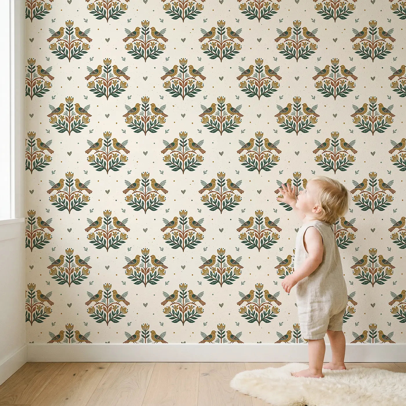 Folk Art Bird Block Print wallpaper in styled kids room - Whimsy Tots