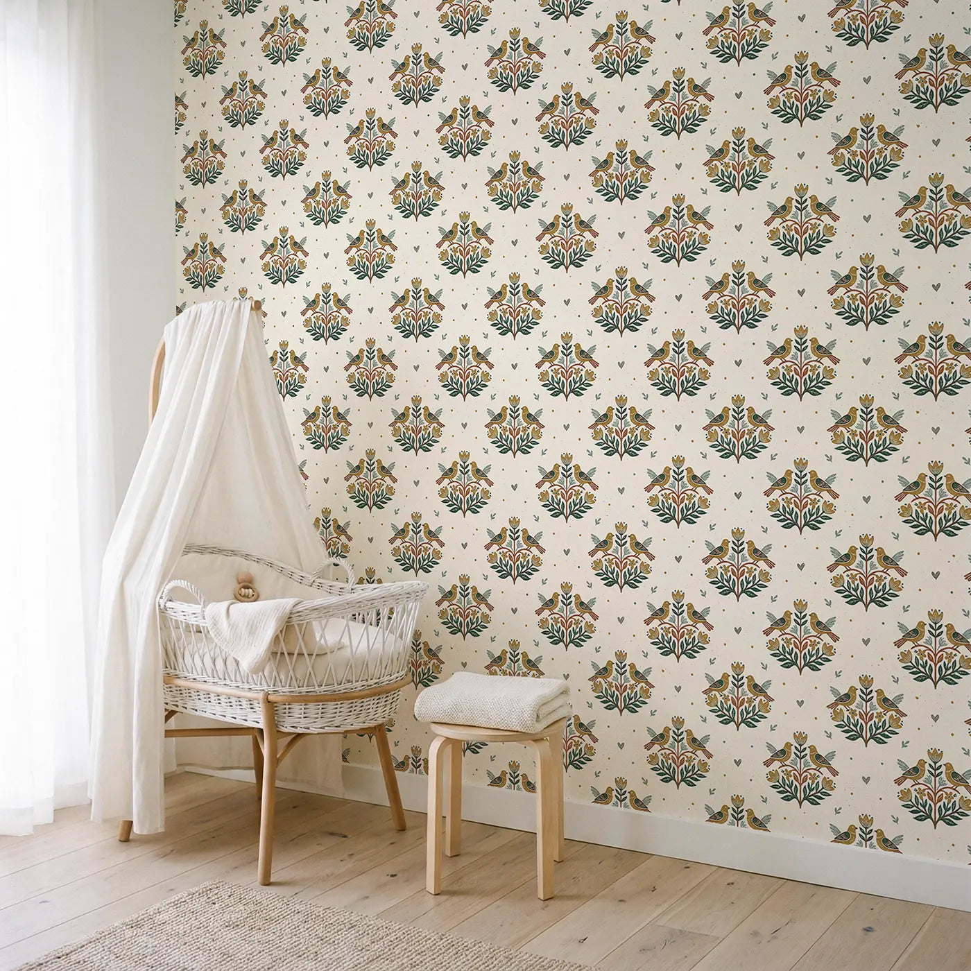 Folk Art Bird Block Print wallpaper in Scandinavian nursery - Whimsy Tots