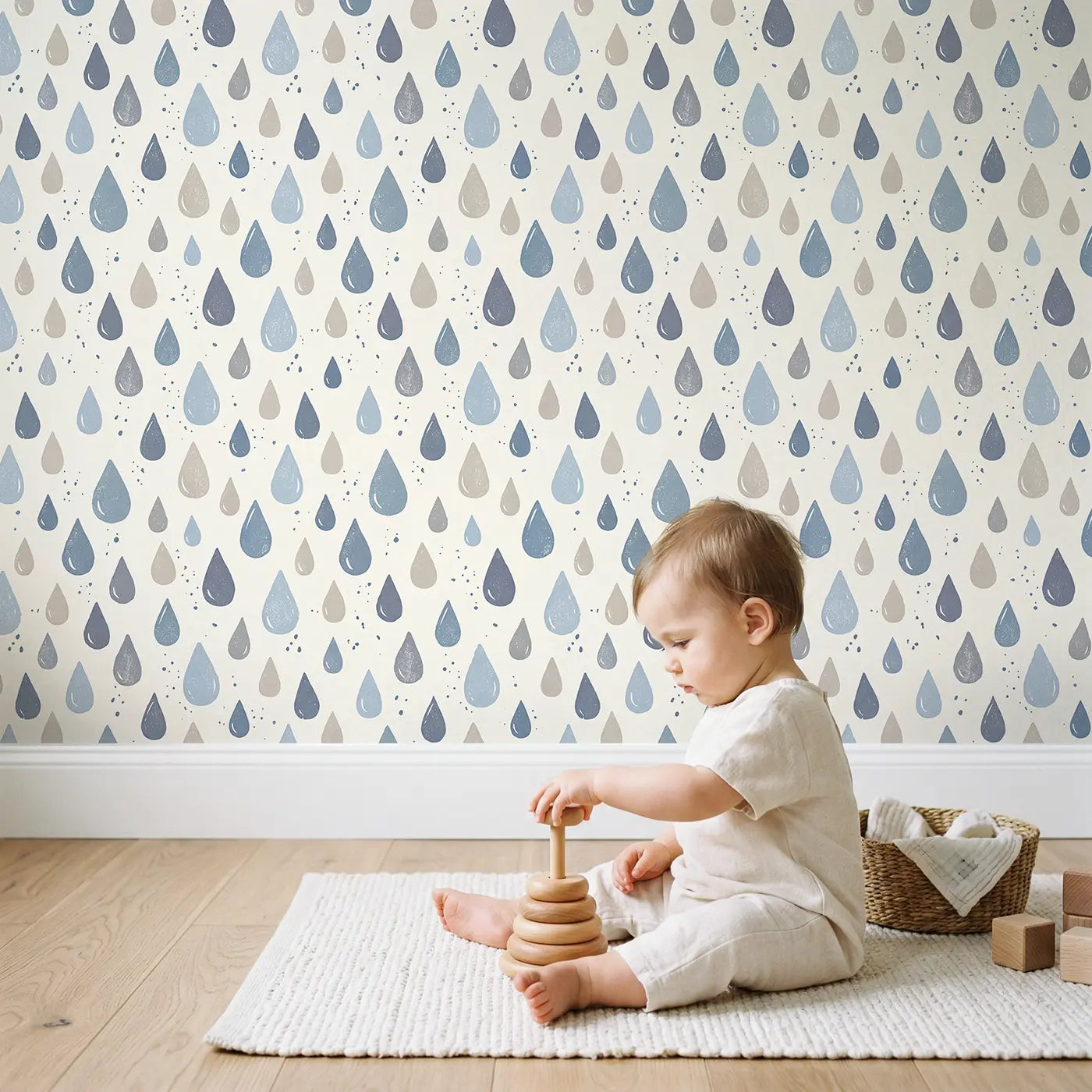 Raindrops Varied Block Print wallpaper in styled kids room - Whimsy Tots