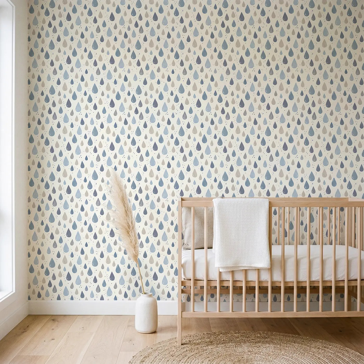 Raindrops Varied Block Print wallpaper in Scandinavian nursery - Whimsy Tots
