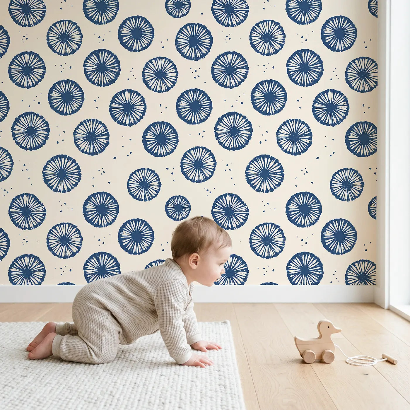 Shibori Circle Block Print wallpaper in styled kids room - Whimsy Tots