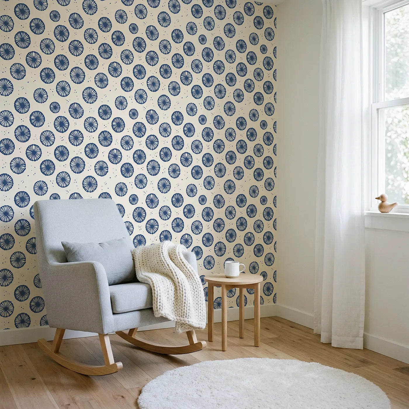 Shibori Circle Block Print wallpaper in Scandinavian nursery - Whimsy Tots