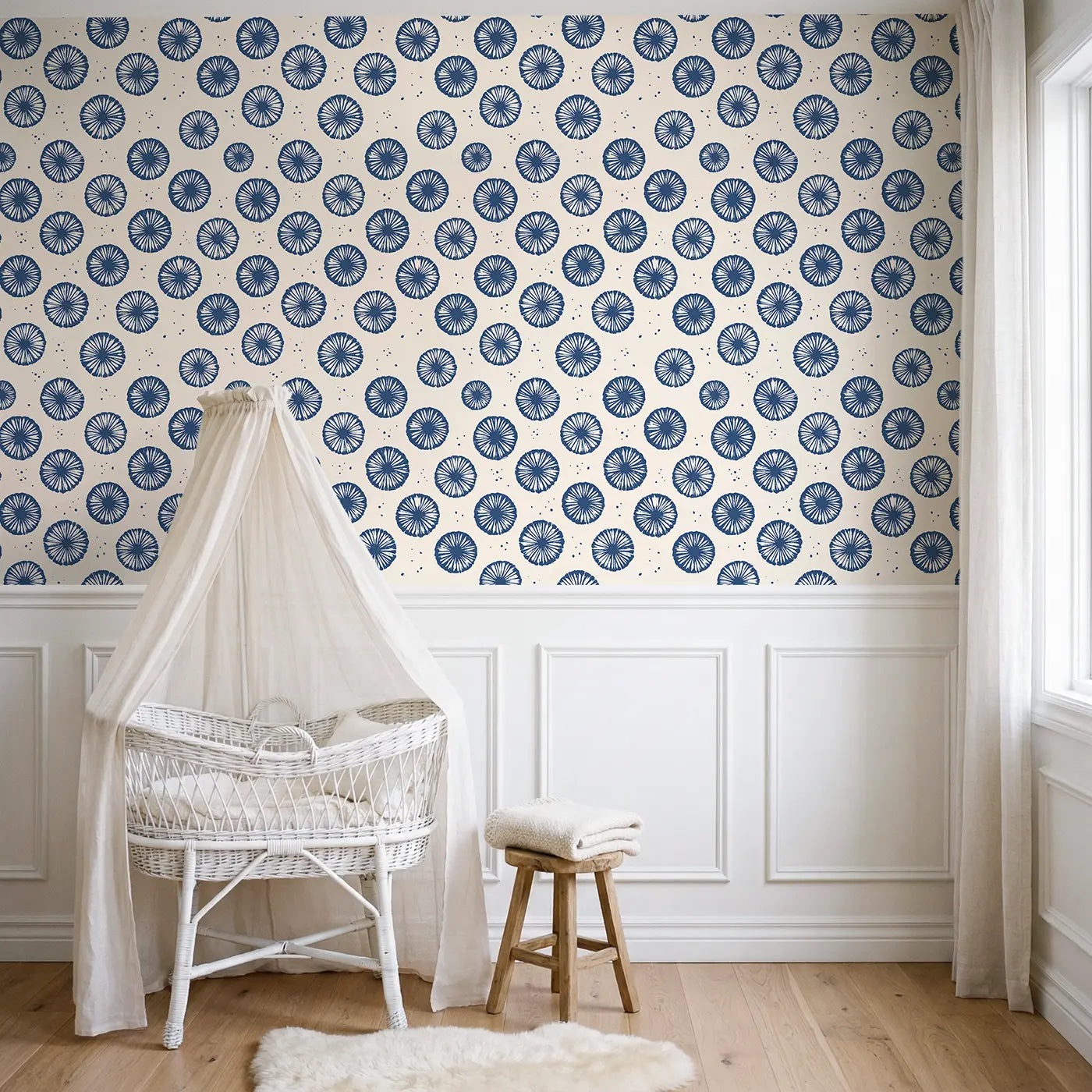 Shibori Circle Block Print wallpaper above wainscoting - Whimsy Tots