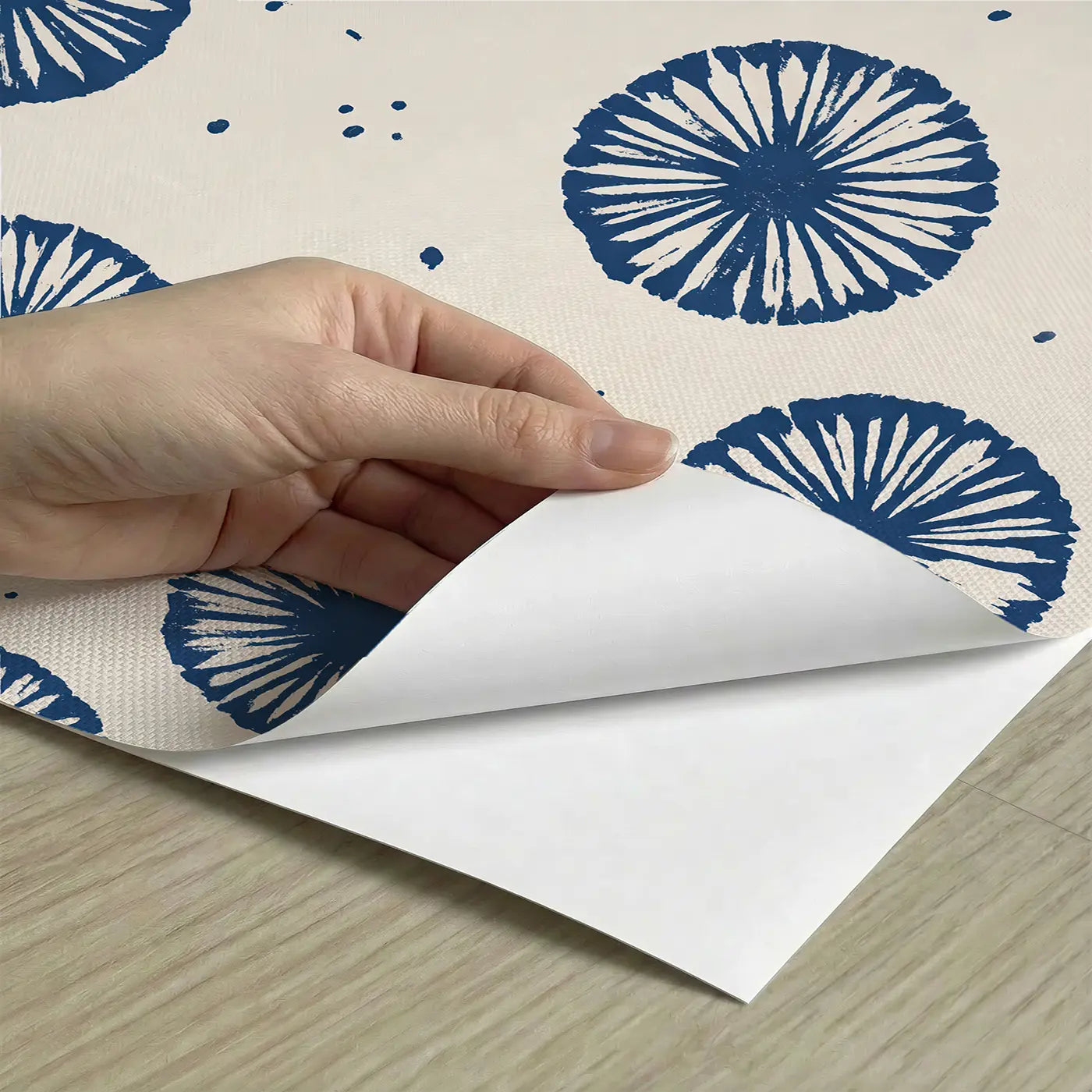 Shibori Circle Block Print peel and stick material close-up - Whimsy Tots