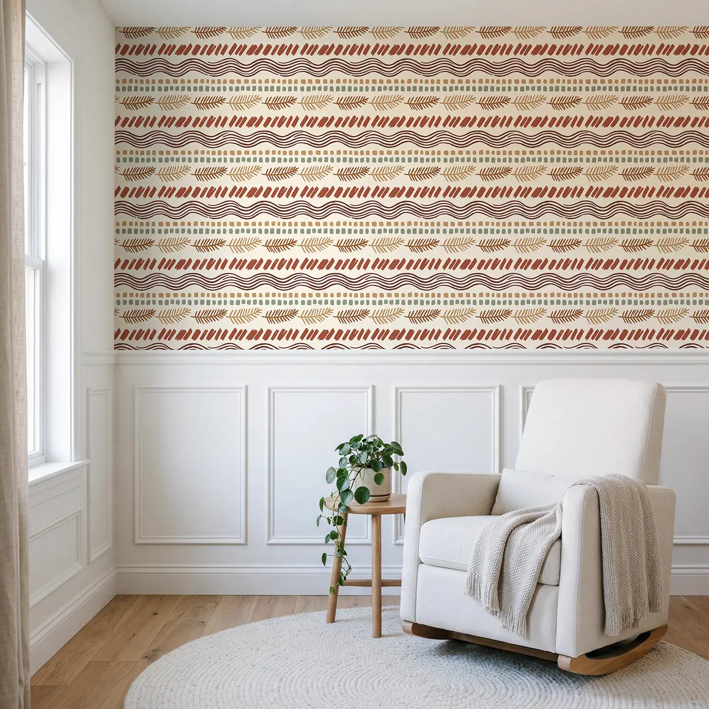 Abstract Brushstroke Block Print wallpaper above wainscoting - Whimsy Tots