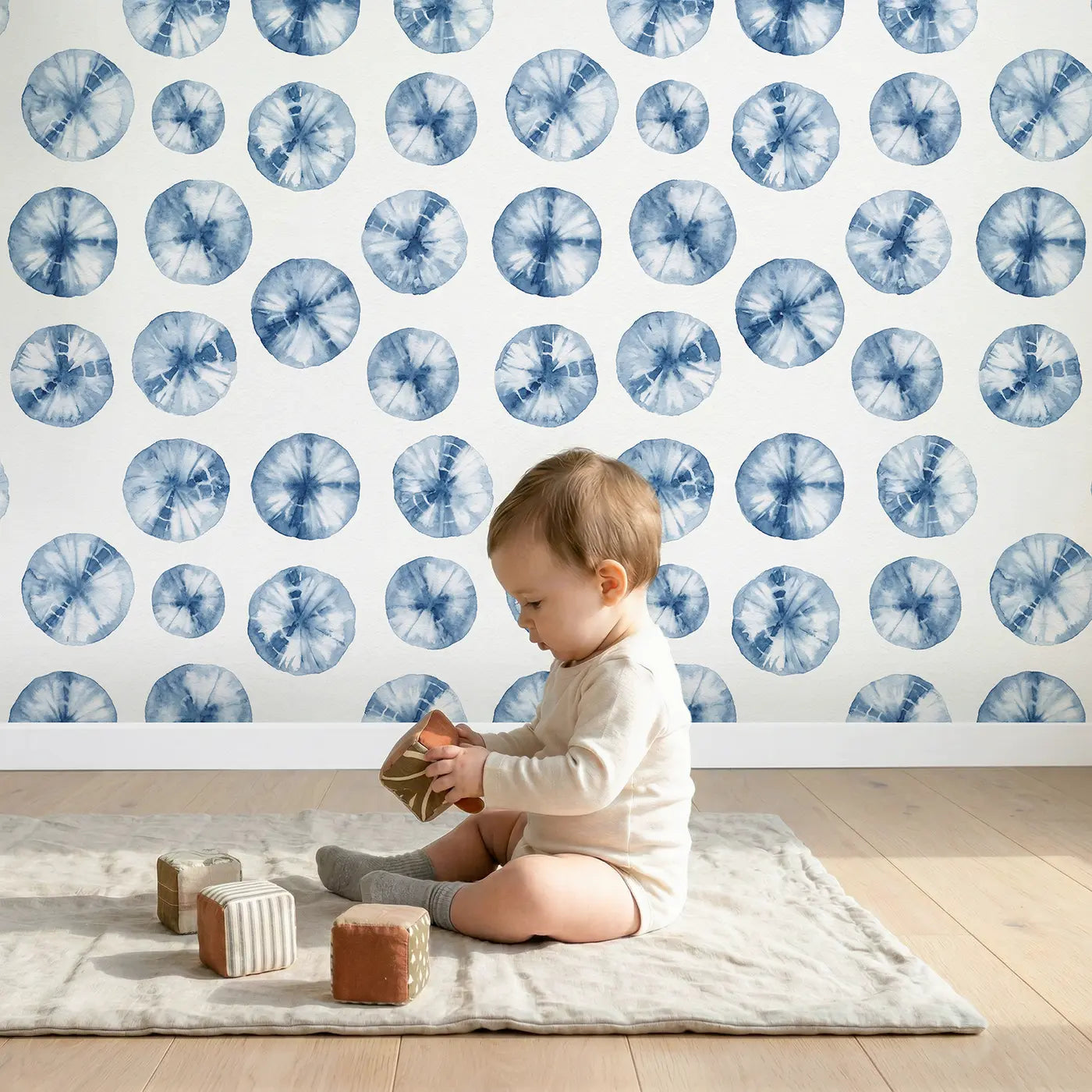 Shibori Indigo Watercolor wallpaper in styled kids room - Whimsy Tots
