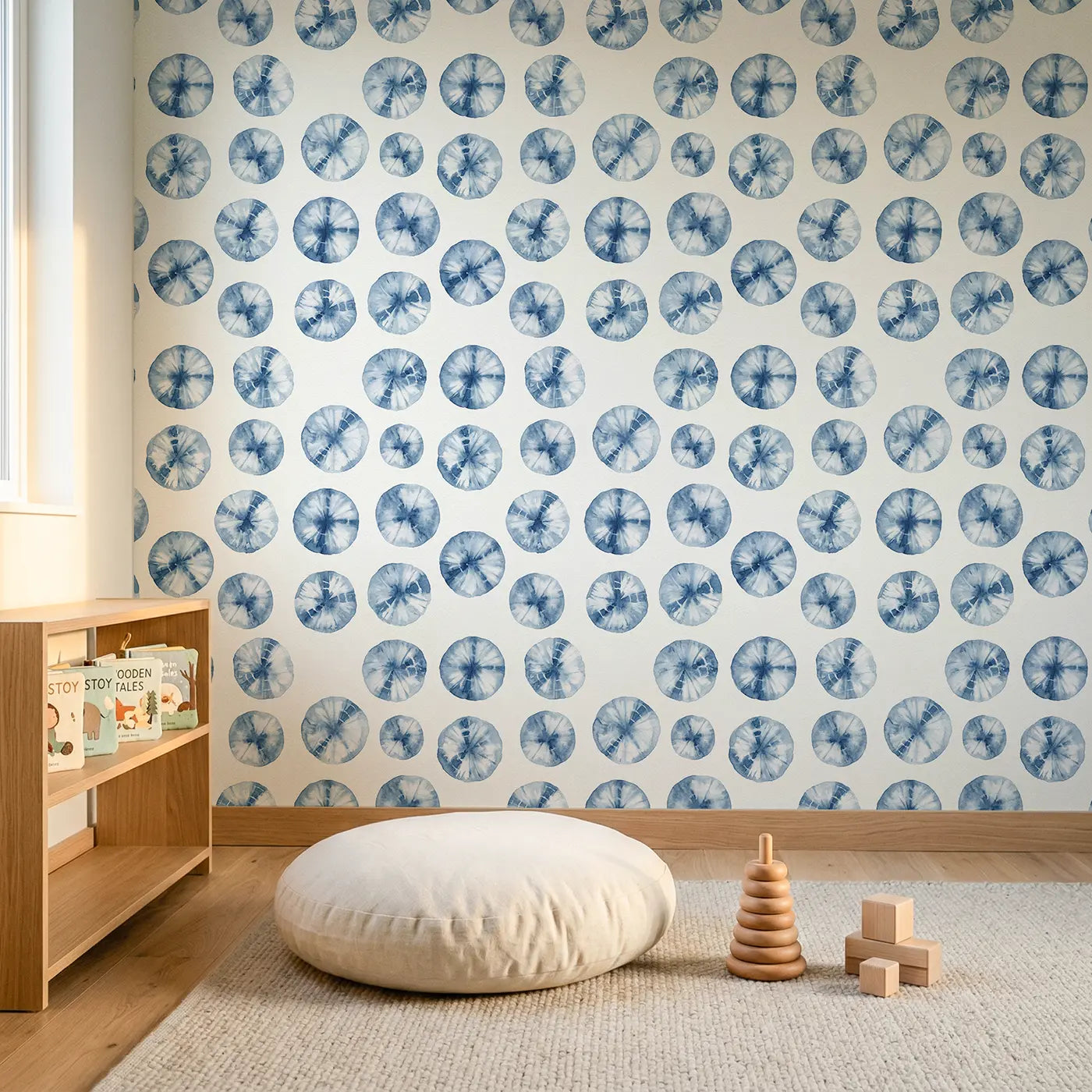 Shibori Indigo Watercolor wallpaper in Scandinavian nursery - Whimsy Tots