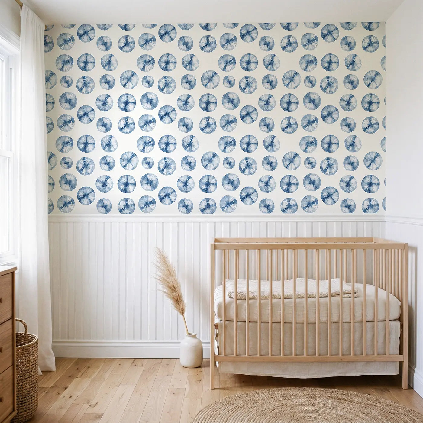 Shibori Indigo Watercolor wallpaper above wainscoting - Whimsy Tots