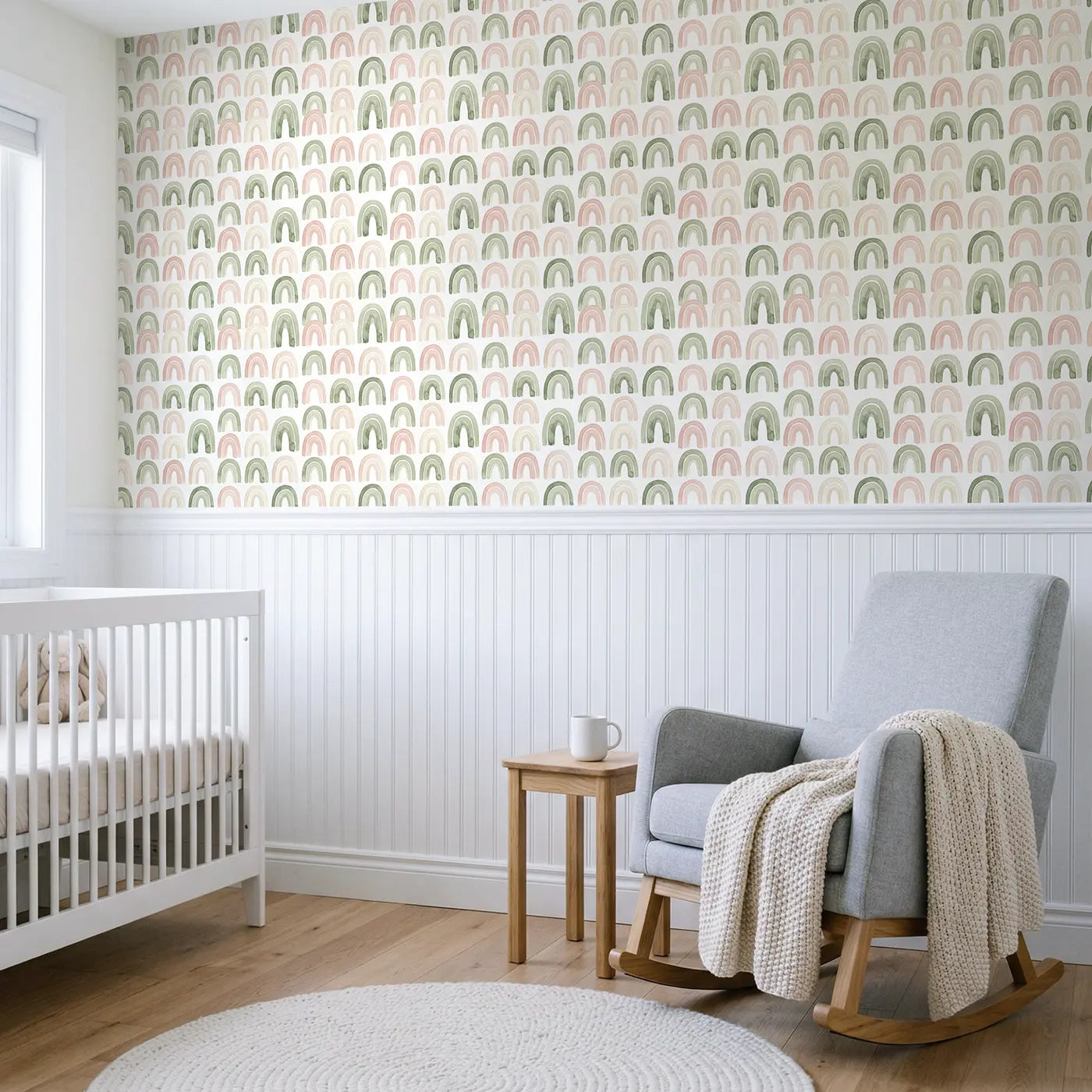 Soft Arches Watercolor wallpaper above wainscoting - Whimsy Tots