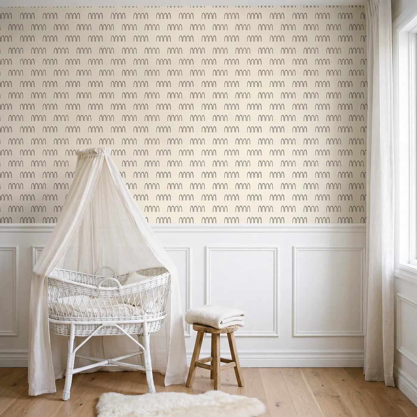 Arch Rows Hand-Drawn wallpaper above wainscoting - Whimsy Tots