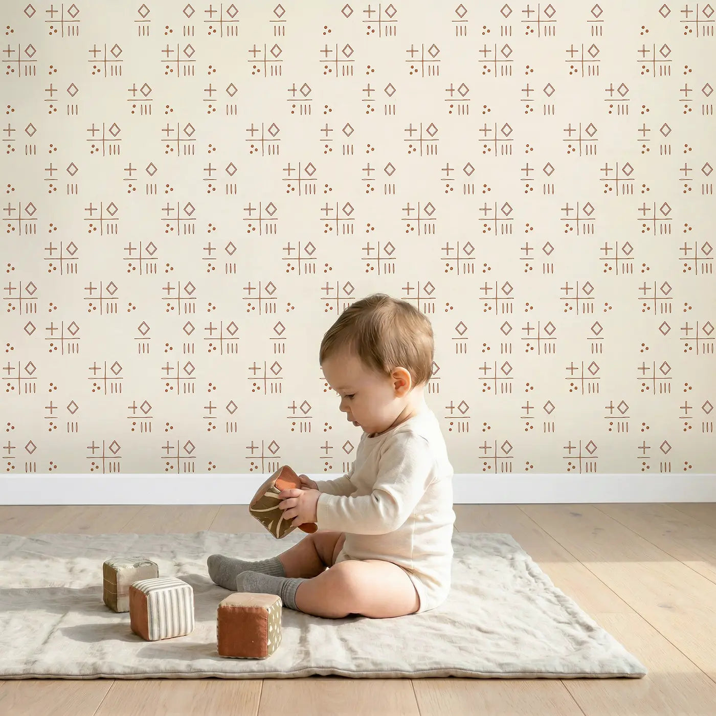Mudcloth Symbols: Hand-Drawn wallpaper in styled kids room - Whimsy Tots