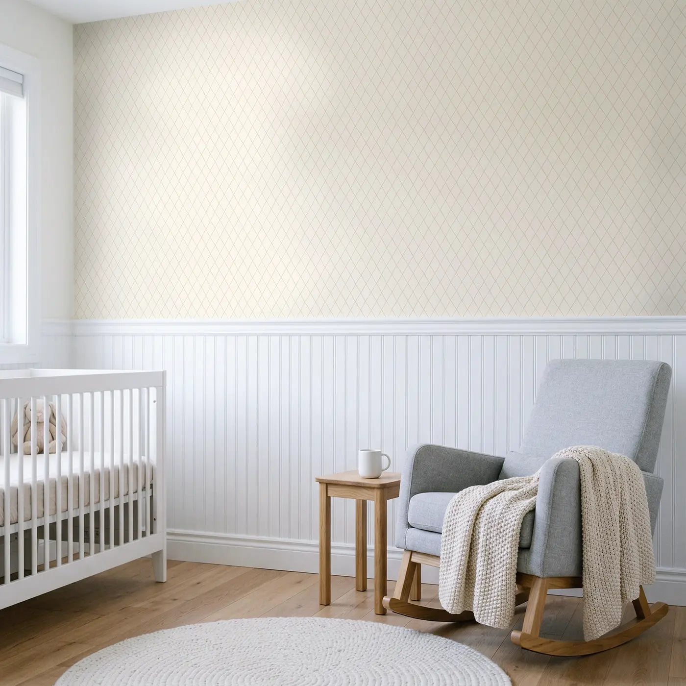 Diamond Lattice Hand-Drawn wallpaper above wainscoting - Whimsy Tots