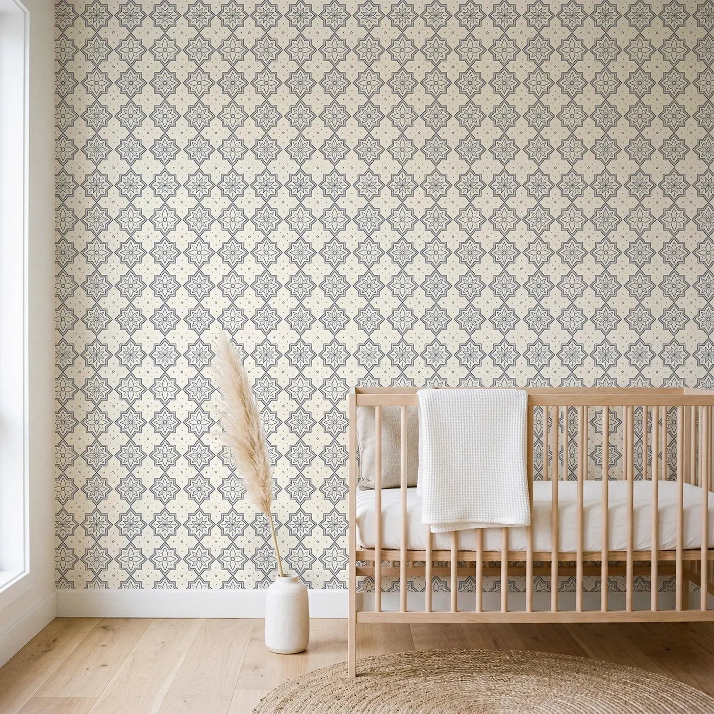 Moroccan Tile Hand-Drawn wallpaper in Scandinavian nursery - Whimsy Tots
