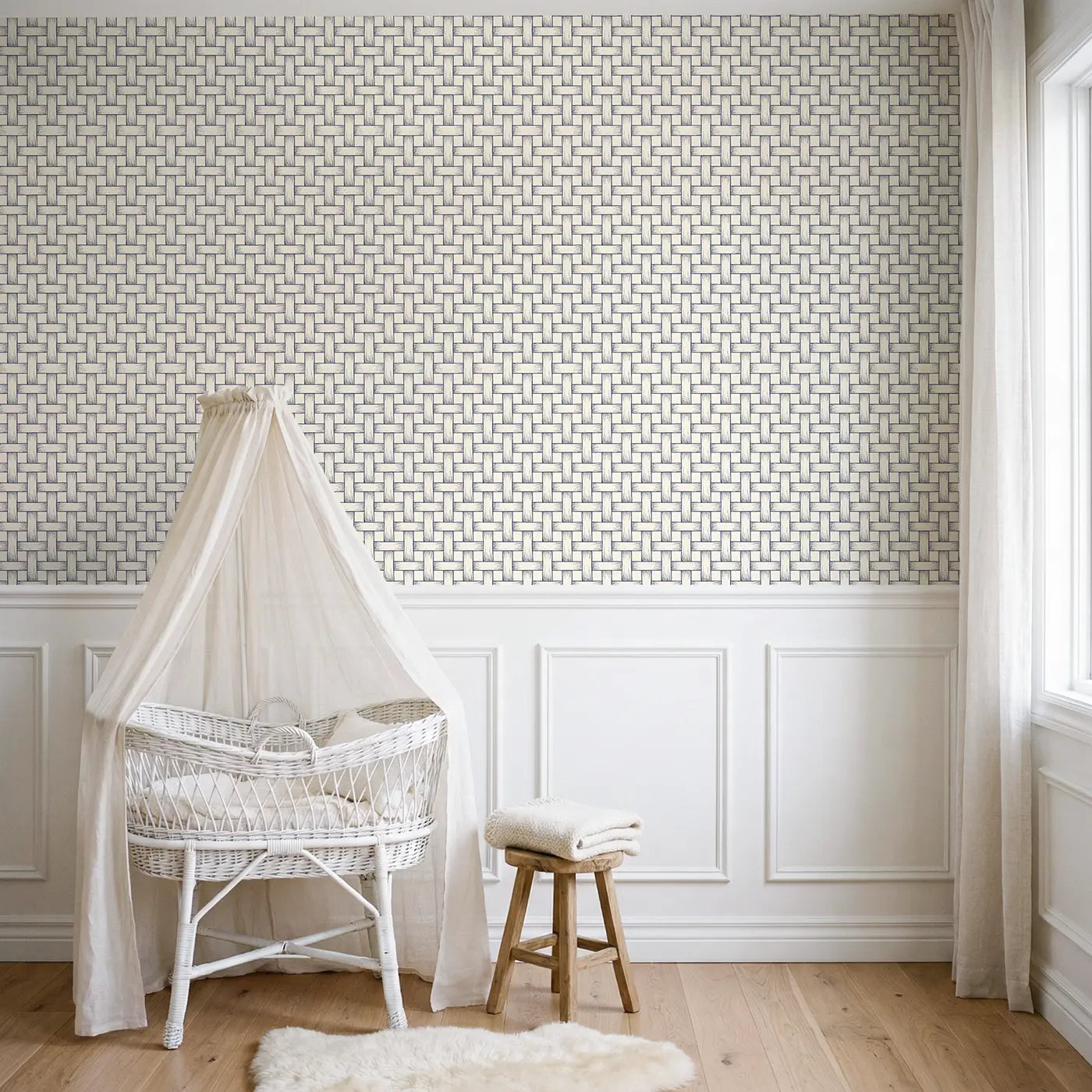 Basket Weave Hand-Drawn wallpaper above wainscoting - Whimsy Tots