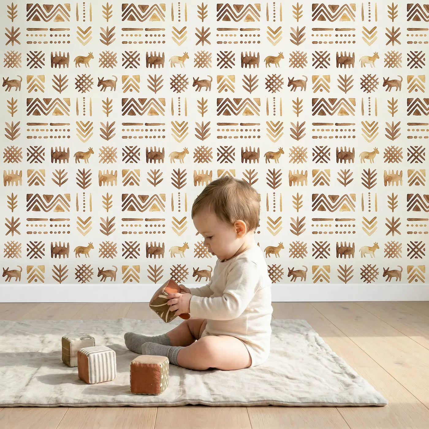 Mudcloth Marks Watercolor wallpaper in styled kids room - Whimsy Tots
