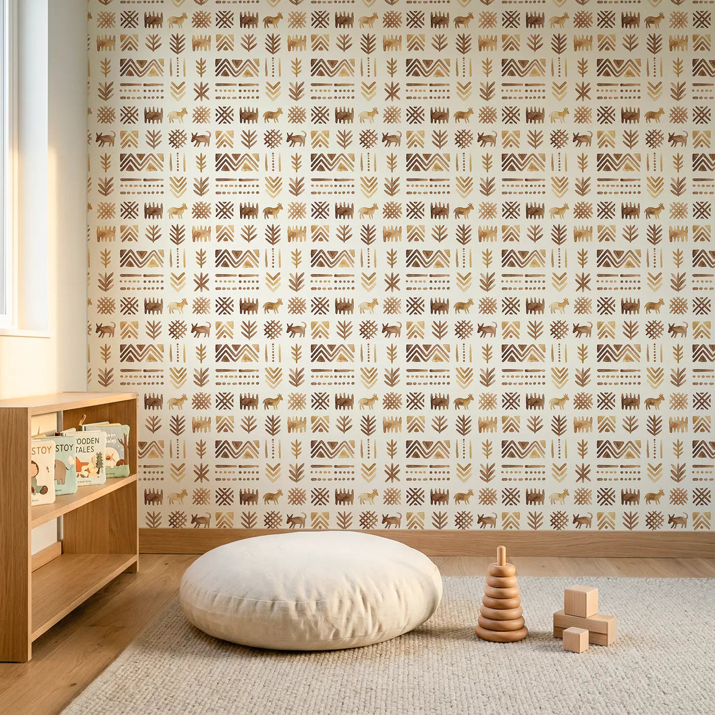 Mudcloth Marks Watercolor wallpaper in Scandinavian nursery - Whimsy Tots