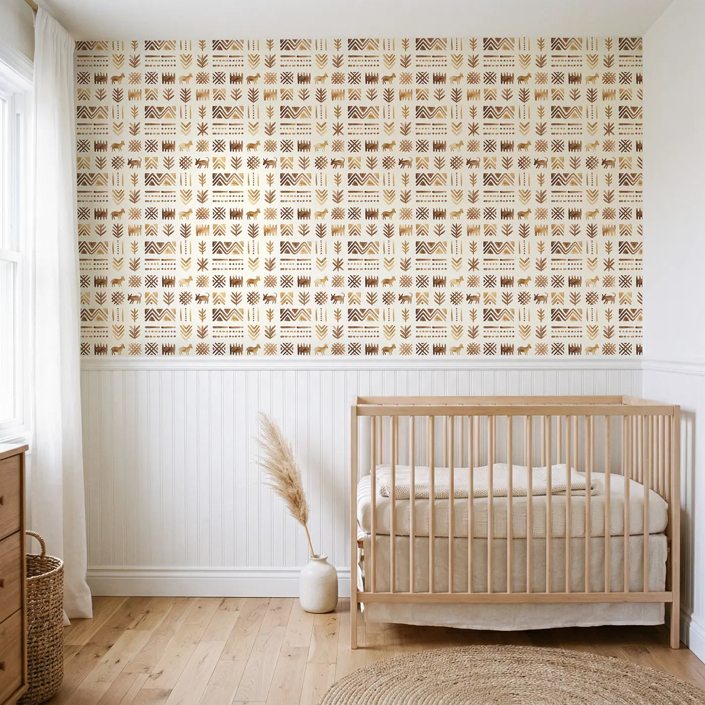 Mudcloth Marks Watercolor wallpaper above wainscoting - Whimsy Tots